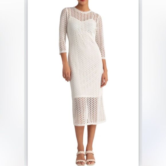 Donna Morgan Ivory Crochet 3/4 Sleeve Midi Dress - Picture 1 of 9